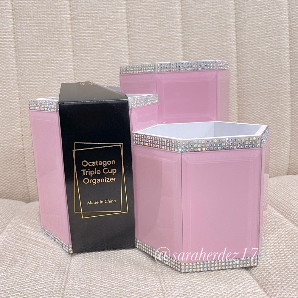 NEW Octagon Triple Cup Organizer Pink Rhinestone Makeup Brush Holder Vanity Desk